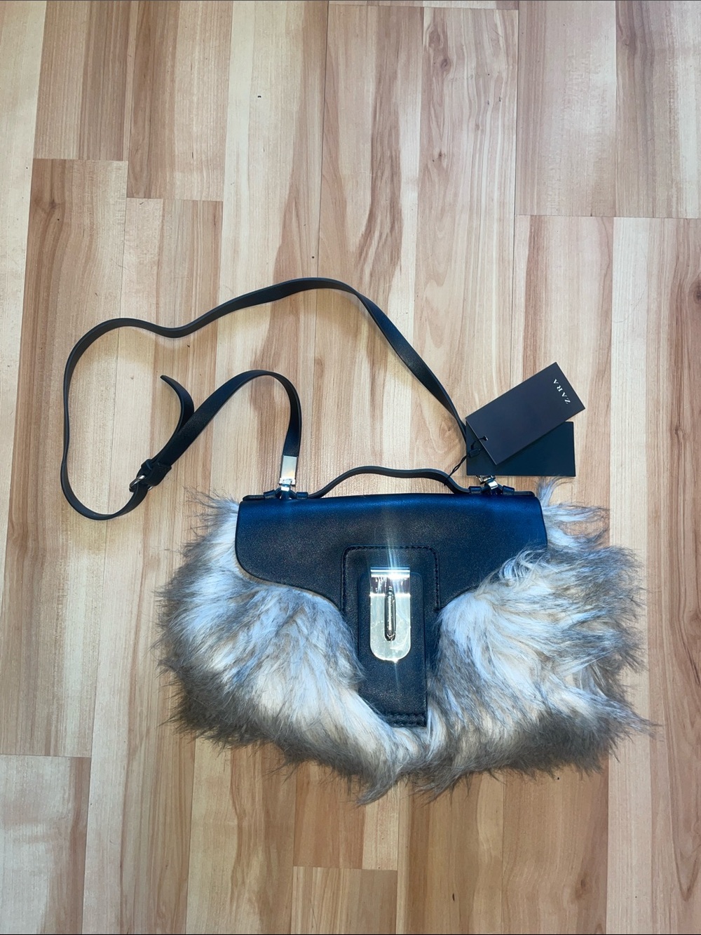 NWT Zara Black Faux Fur Shoulder Bag